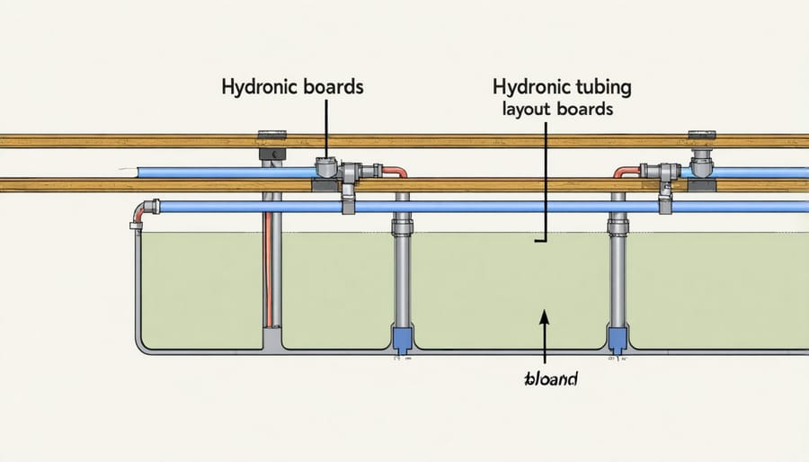 Technical illustration of hydronic deck heating system components and layout