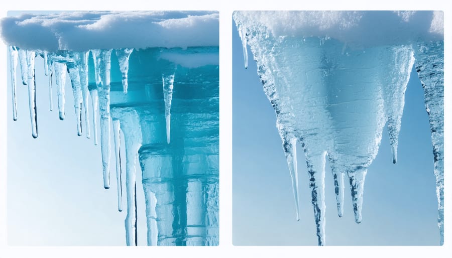 Split image showing ice dam formation on shed roof versus properly protected roof edge