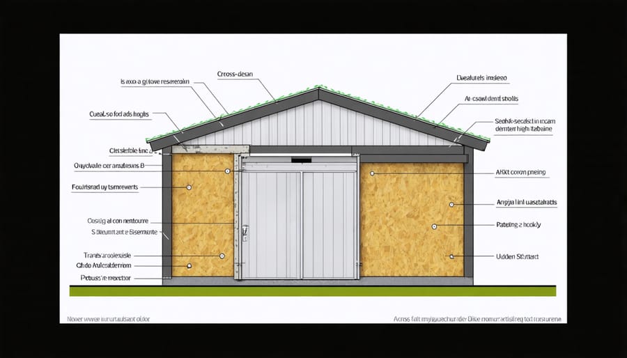 Cross-sectional diagram of lean-to shed showing foundation, framing, insulation layers, and roof structure