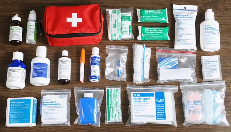 Complete first aid kit containing essential supplies for landscape emergency response