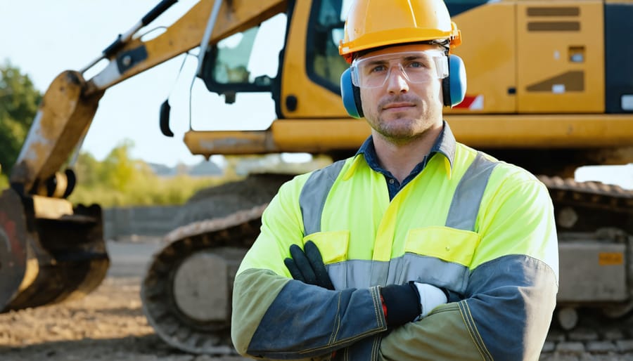 Professional landscaper demonstrating proper personal protective equipment usage