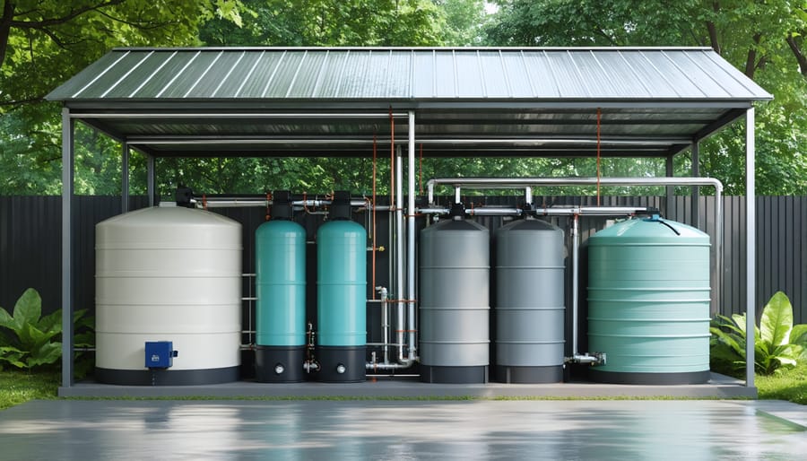 Complete rainwater collection system showing gutters, downspouts, and storage tanks