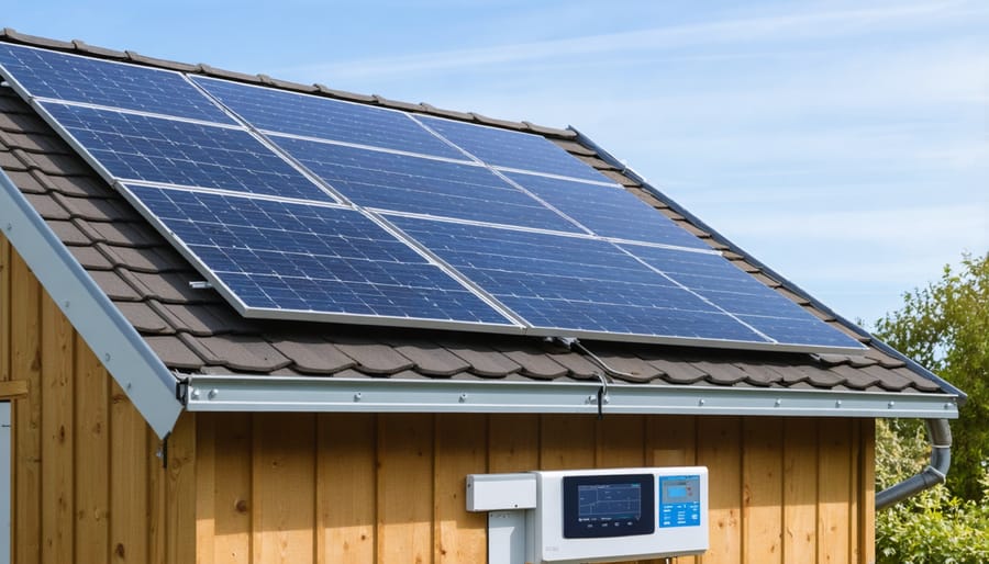 Rooftop solar panels mounted on a lean-to shed with visible energy meter