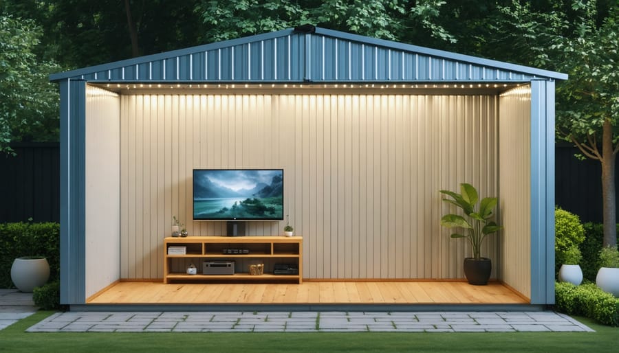 DIY installation steps showing mounting, wiring, and connecting LED lights in a shed