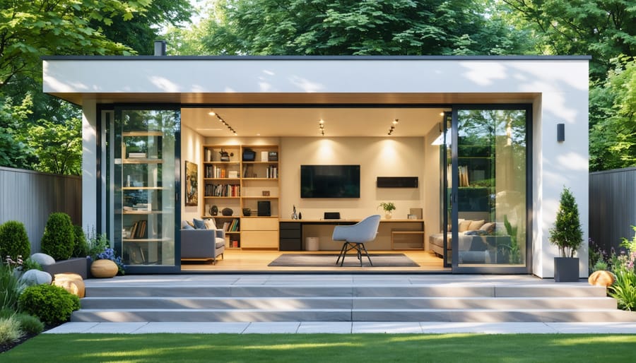 "A modern backyard shed with large windows and a sleek design, surrounded by a landscaped garden. The interior is visible, showcasing an organized multi-purpose space combining a home office, workshop, and relaxation area with abundant natural light and efficient storage solutions."