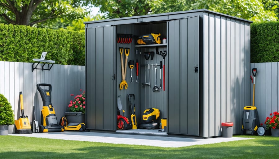 A modern large vertical storage shed in a landscaped backyard, demonstrating efficient organization with garden tools and equipment neatly arranged around it.