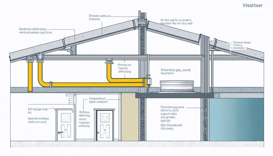 Technical illustration of weatherproof storage features including ventilation and drainage systems