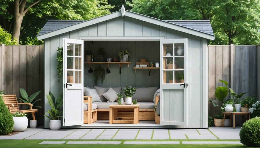 Convertible garden shed showing storage and living space combination