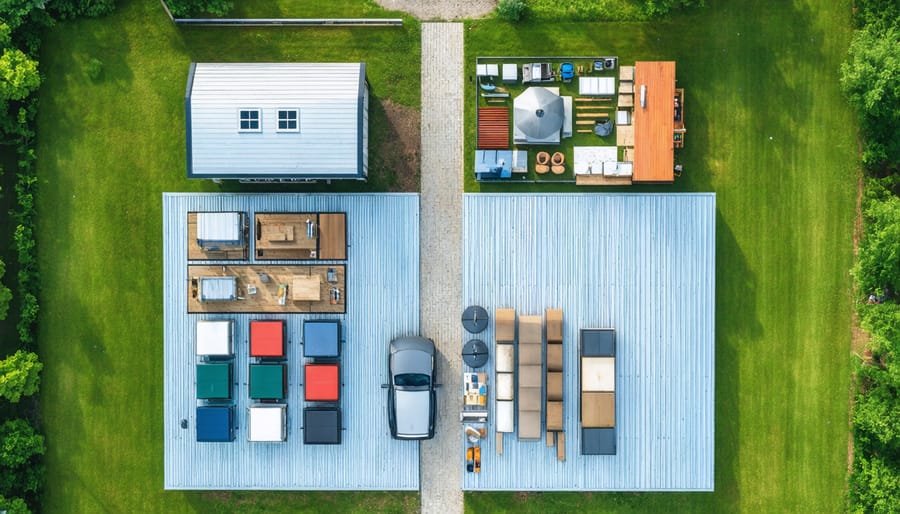 Aerial view of organized shed interior showing distinct storage zones with labeled sections