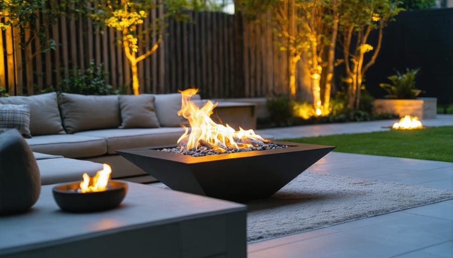 Sleek bioethanol fireplace providing ambient lighting and warmth in an outdoor living space