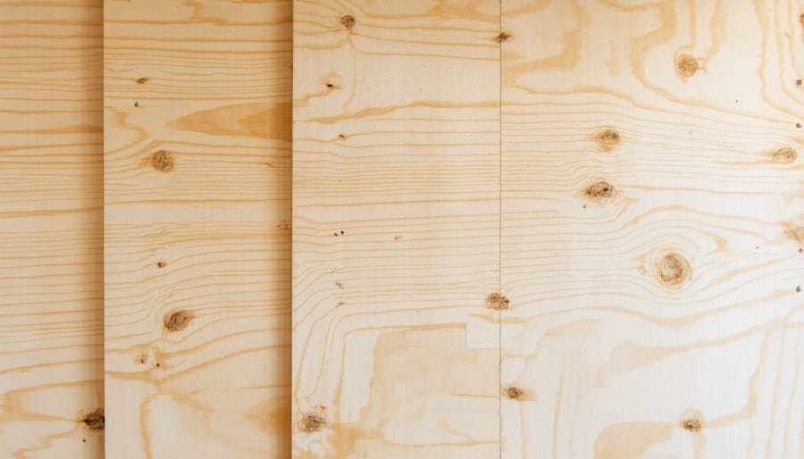 Person installing plywood thermal barrier panels on shed interior walls with visible tools and materials