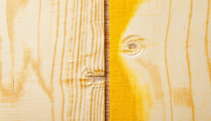 Detailed view of weatherproofing seal application between two plywood panels