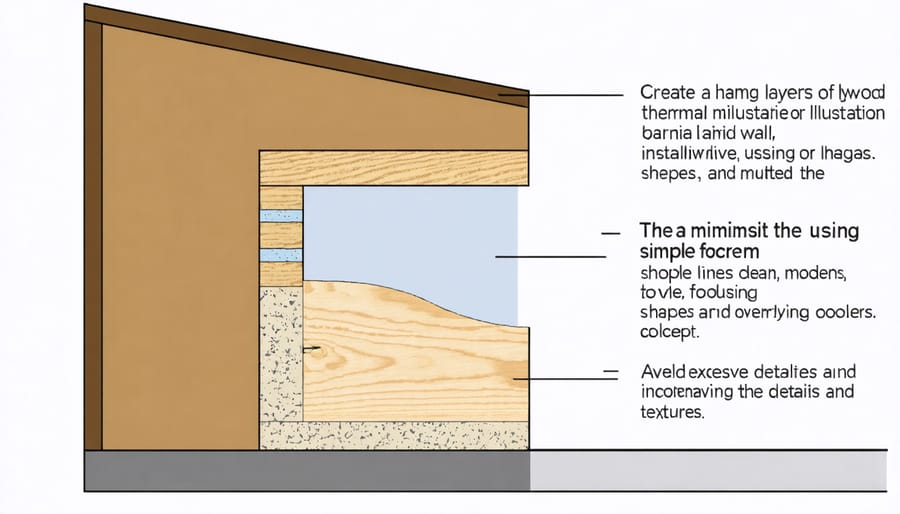 Detailed cross-section illustration of shed wall layers including plywood thermal barrier, vapor barrier, and exterior siding