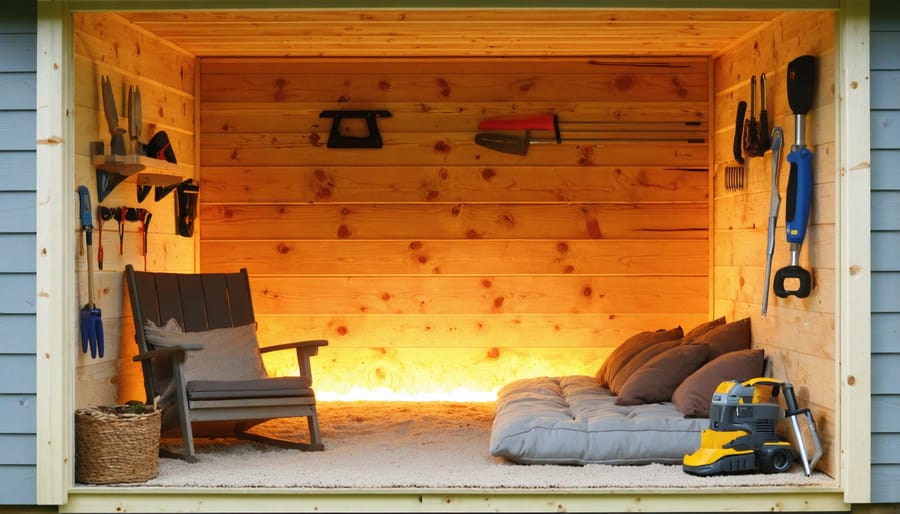 Interior view of a shed with plywood thermal barriers installed, featuring a cozy setup with visible wooden layers, a chair, and garden tools, illustrating effective insulation and warmth.