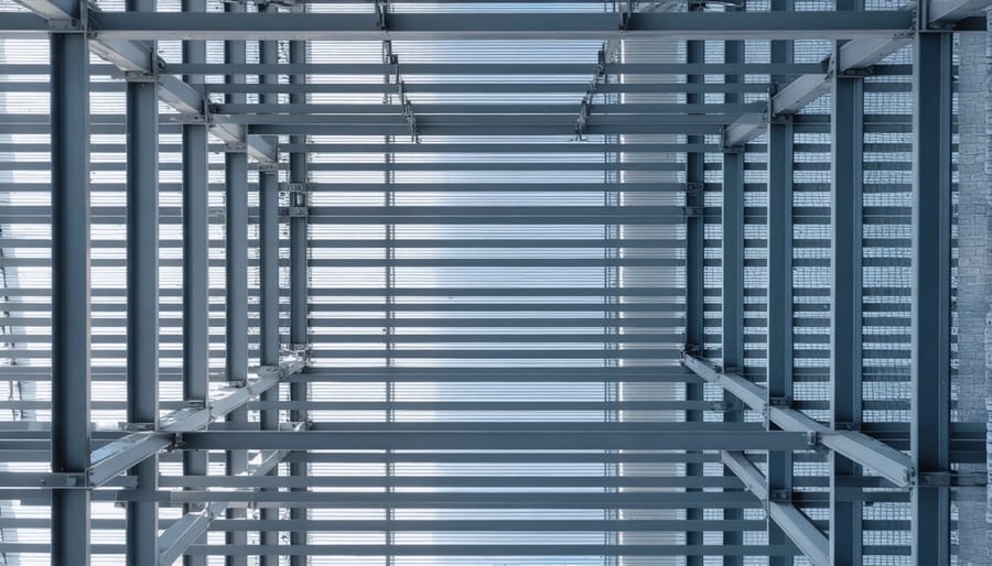 Close-up of portable garage frame assembly showing steel tubing and connection points
