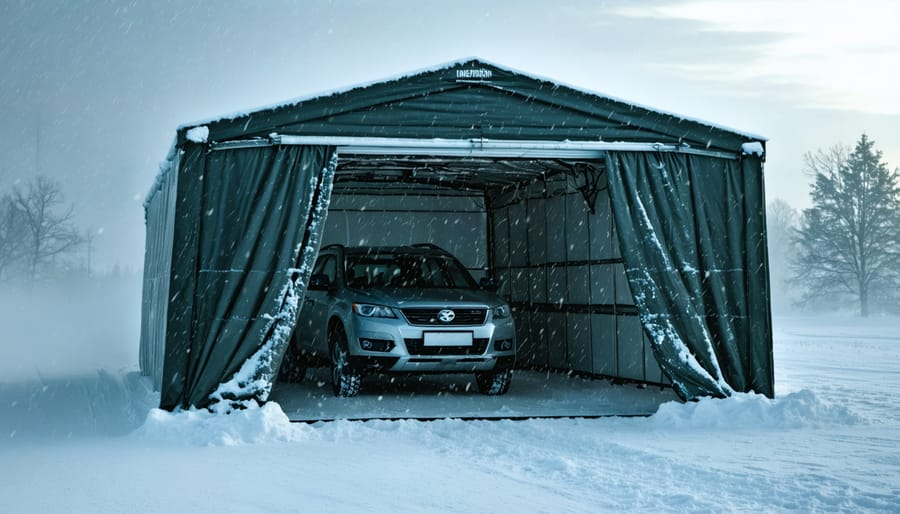 A sturdy portable garage with reinforced frames and heavy-duty cover stands firm in a snowstorm, partially sheltering a vehicle from harsh winter conditions, illustrating the structure's resilience and protective capabilities.