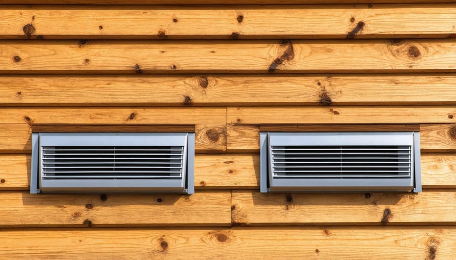 Detailed view of ridge vent installation on a wood shed roof showing proper spacing and construction