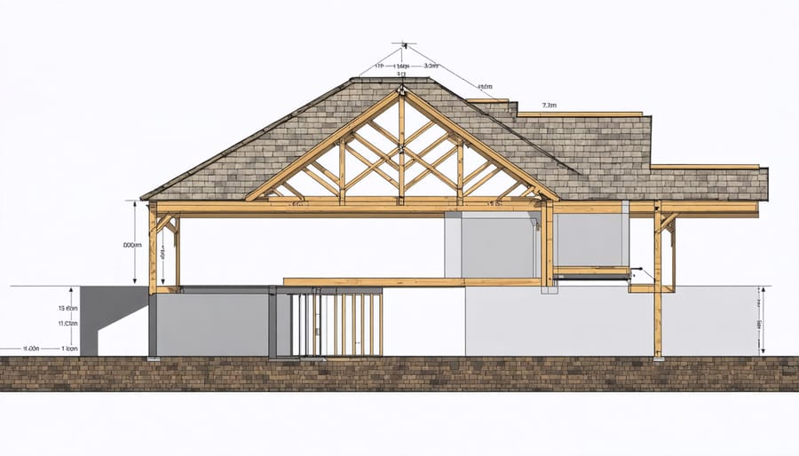 Cross-section of shed roof showing trusses, underlayment, and shingle installation