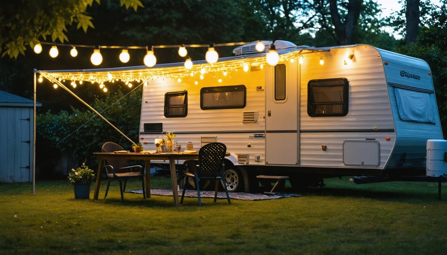RV campsite at twilight with LED string lights illuminating the awning and outdoor seating area