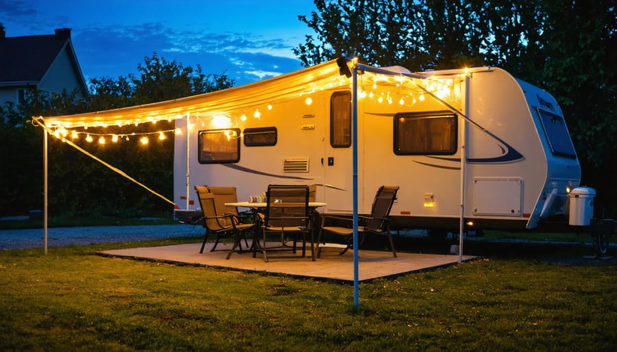A scenic view of an RV campsite at dusk with an illuminated awning and solar-powered pathway lights creating a cozy and inviting outdoor space.