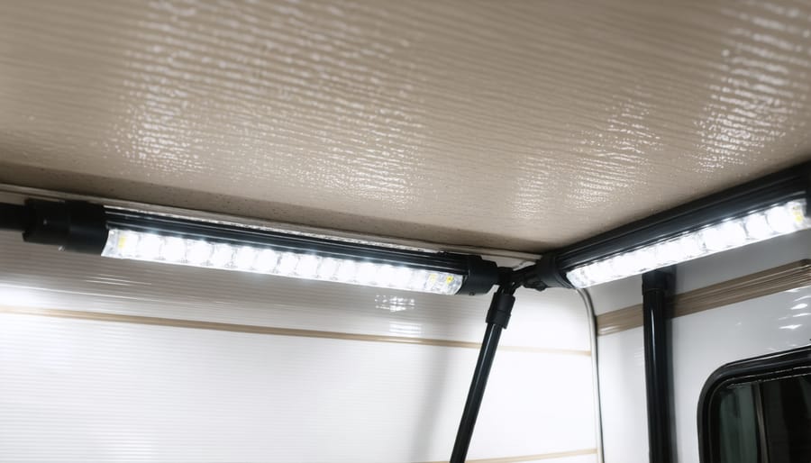 Close-up of weatherproof LED strip light mounting and wiring underneath RV awning