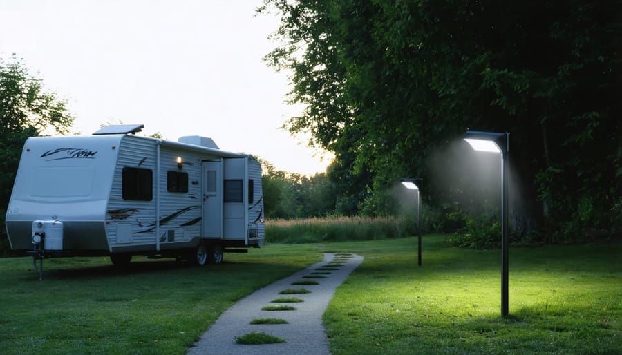 Solar ground lights illuminating RV entrance path with security light mounted above steps