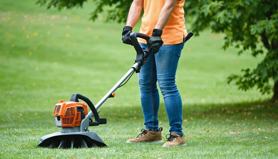Safe operation technique for using a string trimmer with proper positioning and protective equipment