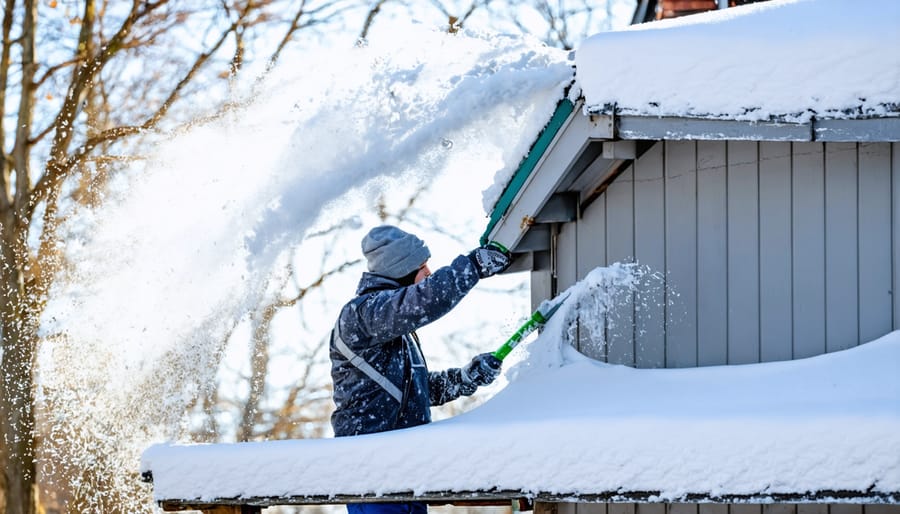 Demonstration of correct snow removal technique from shed roof using roof rake and safety harness