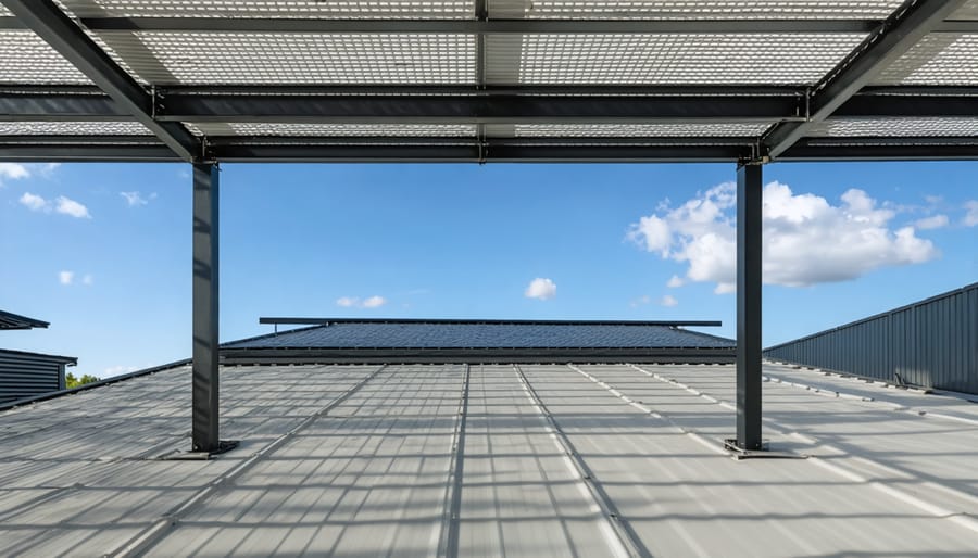 A conceptual illustration of a securely constructed shed roof, featuring reinforced joints, security mesh installation, and motion-activated lighting to protect against weather and intrusions.