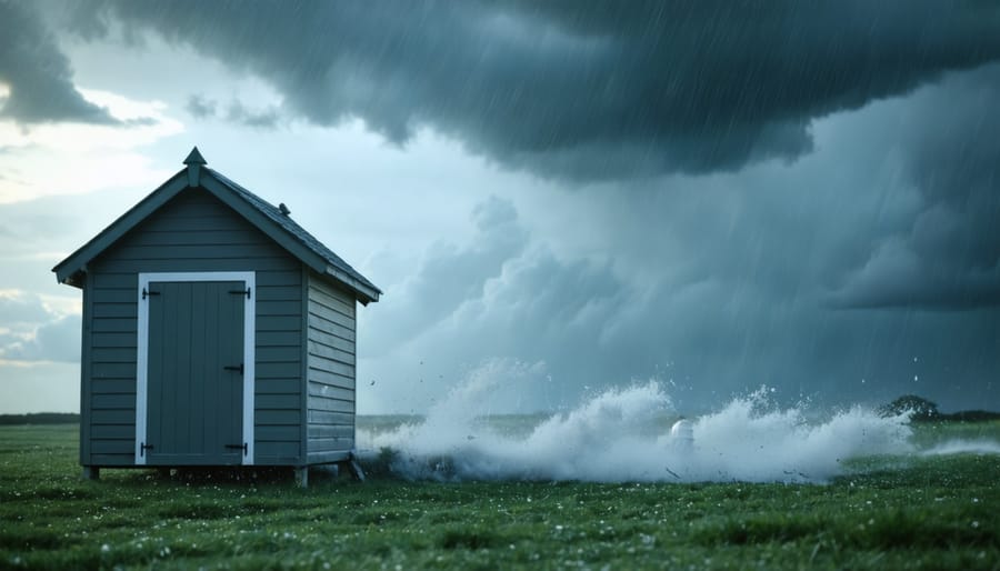 A garden shed secured with various wind anchor systems during a storm, showcasing its stability amidst swirling winds and stormy weather.