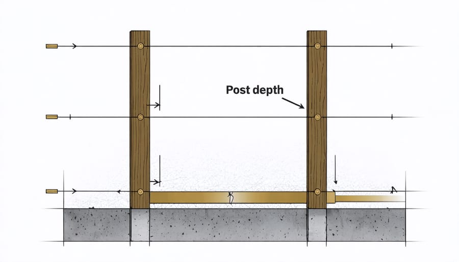 Technical illustration of security fence post installation with depth measurements and foundation details