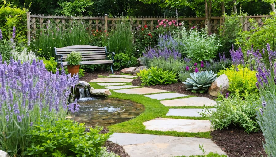 A tranquil backyard garden featuring winding pathways lined with lavender, rosemary, and various textured plants. A small water feature adds a soothing element, while strategically placed benches offer a space to relax and enjoy the sensory experience.