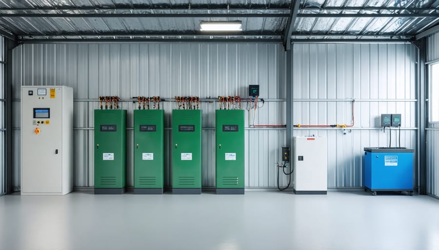 Organized shed interior with mounted EV batteries, ventilation system, and safety equipment