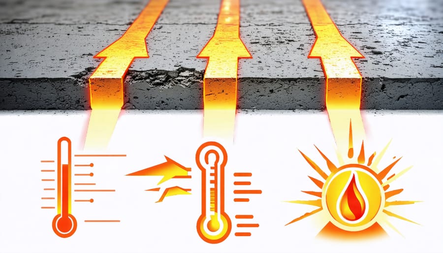 An illustrative collage showing a concrete floor equipped with thermal insulation material. Arrows indicating heat deflection demonstrate energy efficiency, alongside icons for stable temperatures and moisture protection, highlighting the benefits of a thermal barrier.