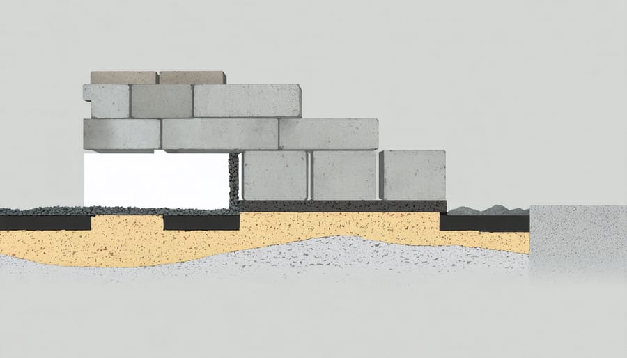 Layered illustration of 8x8 shed foundation components including concrete blocks, gravel, and floor joists
