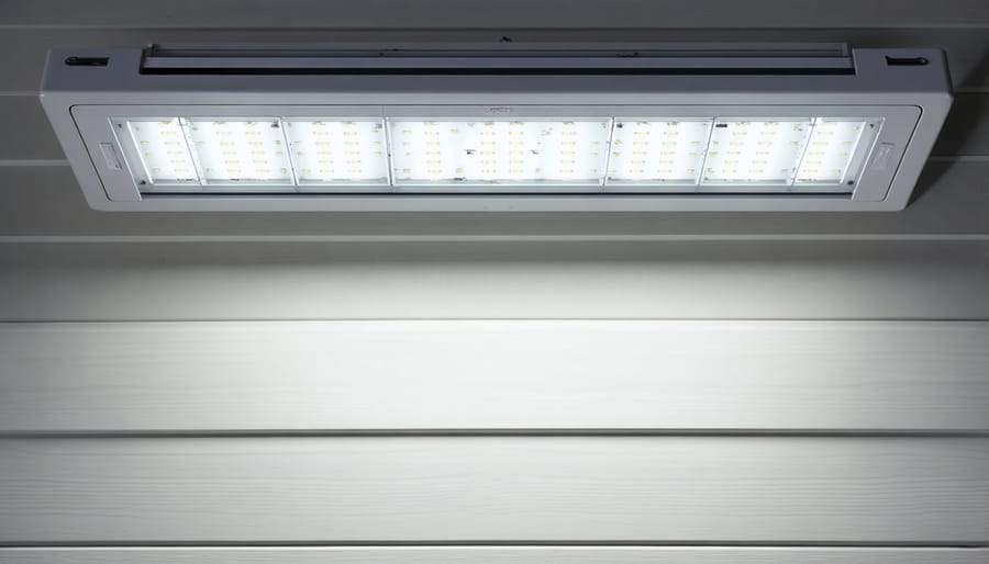 Collection of LED strip lights, motion sensors, and wireless controllers for shed lighting