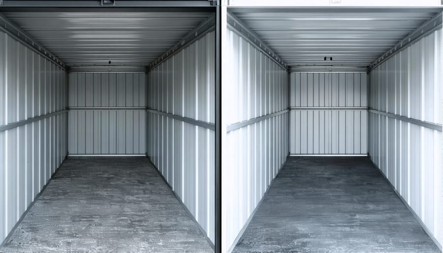 Split image showing dark shed with fluorescent light versus bright shed with LED lighting