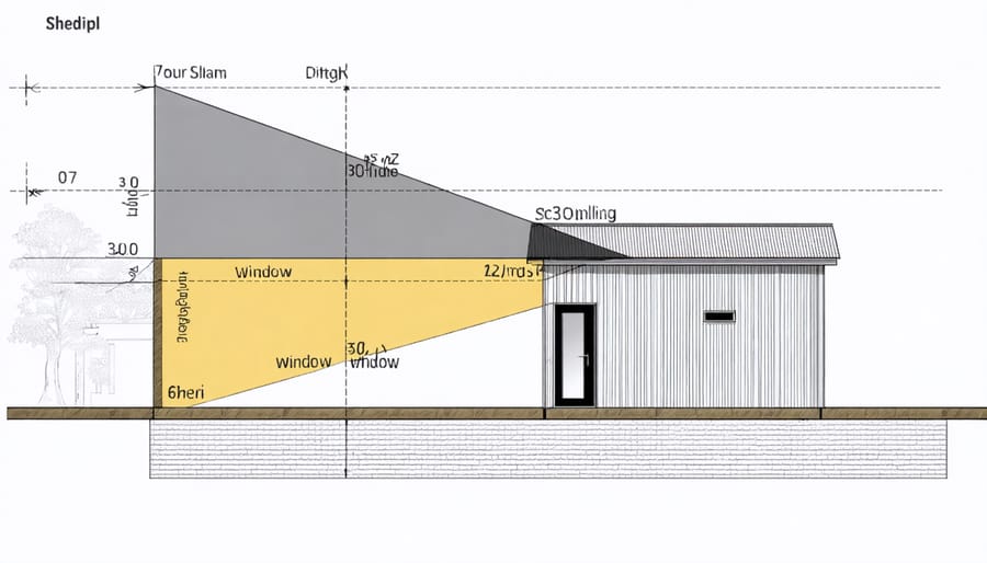Cross-sectional diagram of energy-efficient shed design showing sun path and window placement