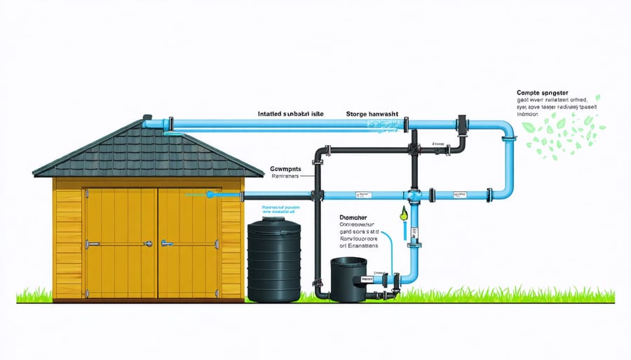Cross-section diagram of a rainwater collection system for a garden shed