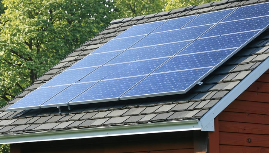 Solar panel installation process on a wooden shed roof showing mounting brackets and wiring