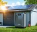 Illustration of a shed with solar panels on the roof and a repurposed EV battery unit in front, representing a solar power storage system. The image emphasizes the transformation of traditional sheds into energy-efficient powerhouses using recycled electric vehicle batteries.