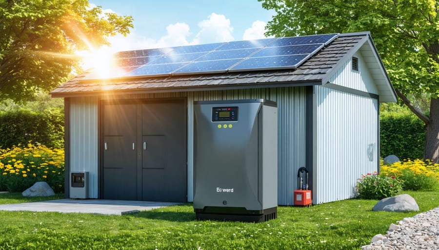 Illustration of a shed with solar panels on the roof and a repurposed EV battery unit in front, representing a solar power storage system. The image emphasizes the transformation of traditional sheds into energy-efficient powerhouses using recycled electric vehicle batteries.