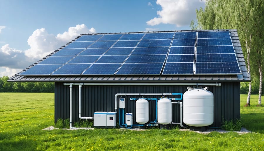 Storage shed equipped with rooftop solar panels and rainwater collection system