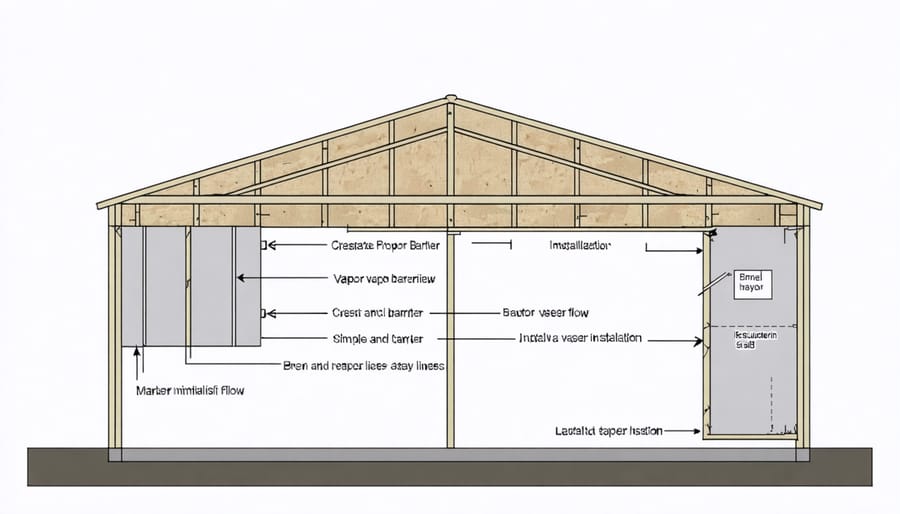 Cross-section illustration of shed showing vapor barrier placement and airflow patterns