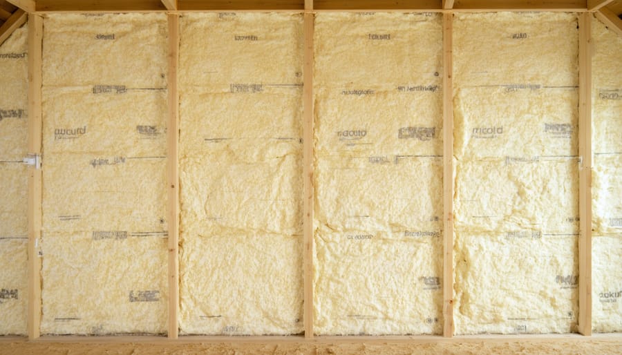 DIY installation of fiberglass insulation in shed walls showing proper technique