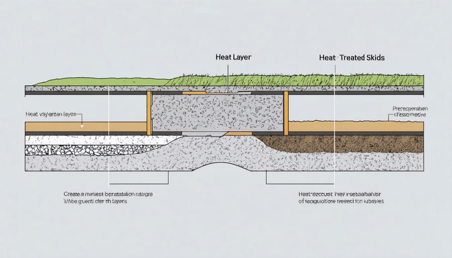 Detailed illustration of heat-treated skid installation including gravel base, moisture barrier, and proper spacing