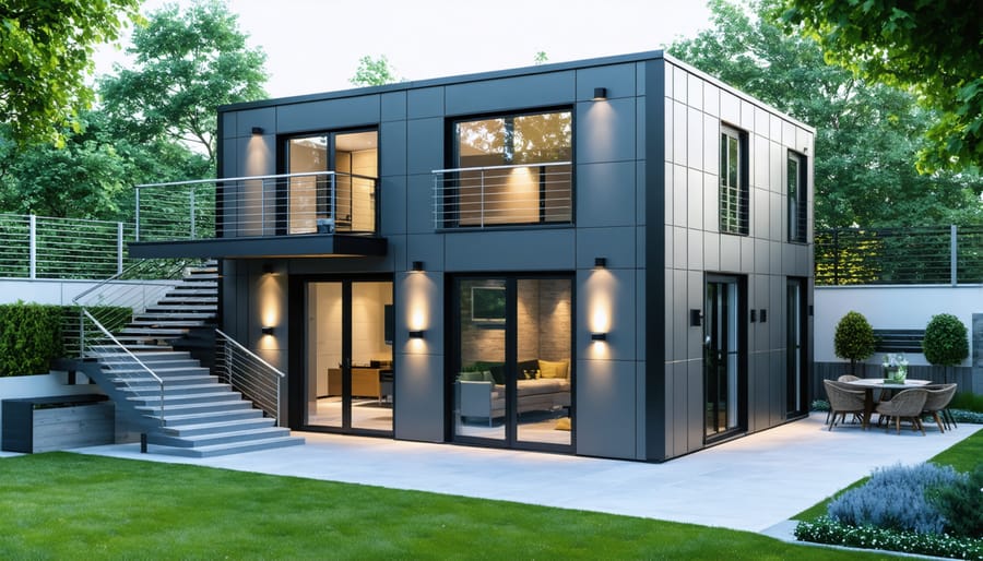 Exterior view of a modern two-level shed in a backyard setting, illustrating advanced security features such as reinforced doors, motion-sensor lights, and smart locks.