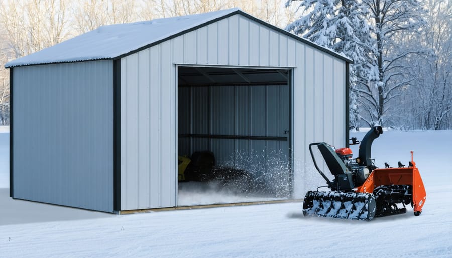 A shed with modern ice and snow management features such as snow barriers, heat cables, and a snowblower, surrounded by a snowy landscape.