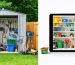 A split image showing the transformation from a cluttered shed to a well-organized outdoor storage system with labeled zones, efficient shelving units, and a digital inventory app.