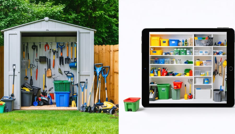 A split image showing the transformation from a cluttered shed to a well-organized outdoor storage system with labeled zones, efficient shelving units, and a digital inventory app.